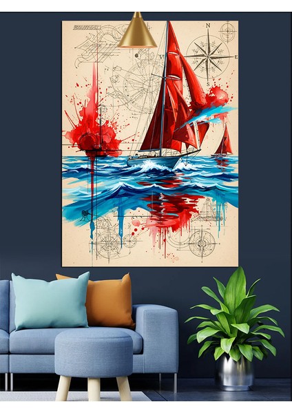 Kırmızı Yelkenli Denizde Sörf Dekoratif Kanvas - Mdf Ahşap Tablo indirimleri