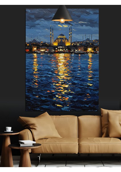 Denizden Istanbul Şehrinde Işıklı Gece Dekoratif Kanvas - Mdf Ahşap Tablo