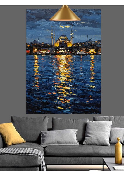 Denizden Istanbul Şehrinde Işıklı Gece Dekoratif Kanvas - Mdf Ahşap Tablo fiyatları