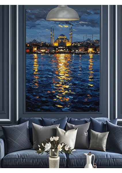 Denizden Istanbul Şehrinde Işıklı Gece Dekoratif Kanvas - Mdf Ahşap Tablo modelleri