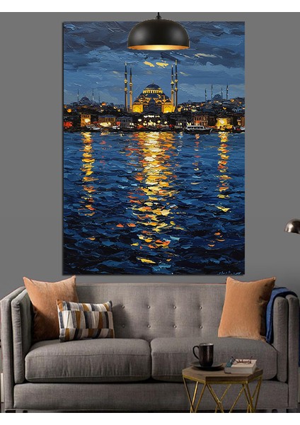 Denizden Istanbul Şehrinde Işıklı Gece Dekoratif Kanvas - Mdf Ahşap Tablo fırsatları