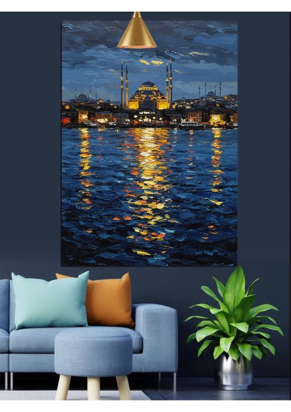 Denizden Istanbul Şehrinde Işıklı Gece Dekoratif Kanvas - Mdf Ahşap Tablo indirimleri