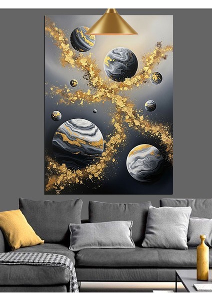 Siyah Beyaz Gezegen Figürleri Altın Tozları Dekoratif Kanvas - Mdf Ahşap Tablo