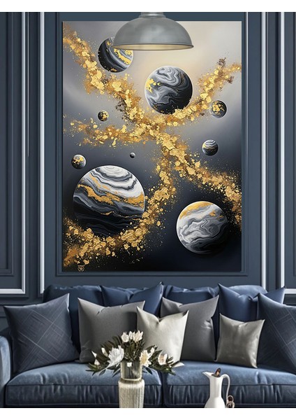 Siyah Beyaz Gezegen Figürleri Altın Tozları Dekoratif Kanvas - Mdf Ahşap Tablo fiyatları