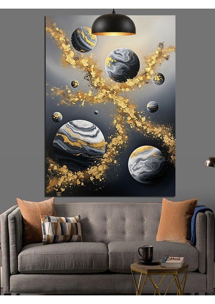 Siyah Beyaz Gezegen Figürleri Altın Tozları Dekoratif Kanvas - Mdf Ahşap Tablo modelleri