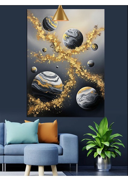 Siyah Beyaz Gezegen Figürleri Altın Tozları Dekoratif Kanvas - Mdf Ahşap Tablo fırsatları