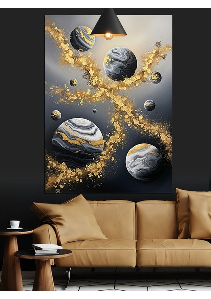 Siyah Beyaz Gezegen Figürleri Altın Tozları Dekoratif Kanvas - Mdf Ahşap Tablo indirimleri