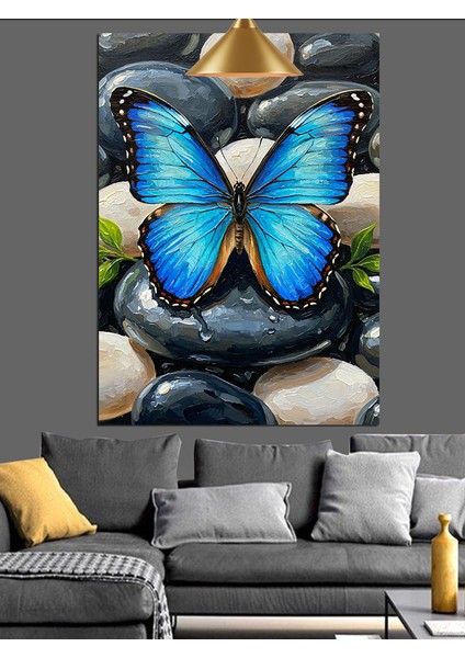 Mavi Kelebek ve Çakıltaşları Soyut Sanat Dekoratif Kanvas - Mdf Ahşap Tablo