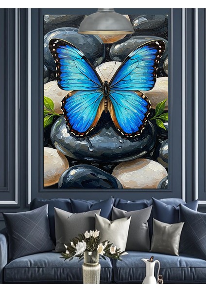 Mavi Kelebek ve Çakıltaşları Soyut Sanat Dekoratif Kanvas - Mdf Ahşap Tablo fiyatları