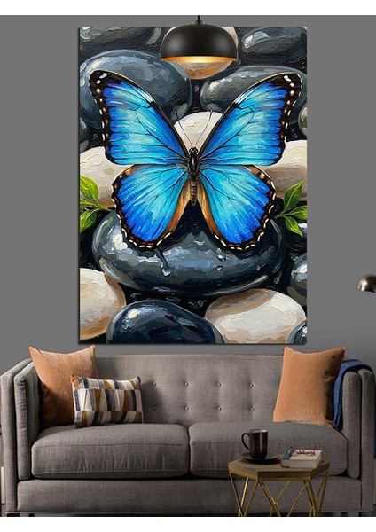 Mavi Kelebek ve Çakıltaşları Soyut Sanat Dekoratif Kanvas - Mdf Ahşap Tablo modelleri