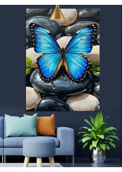 Mavi Kelebek ve Çakıltaşları Soyut Sanat Dekoratif Kanvas - Mdf Ahşap Tablo fırsatları