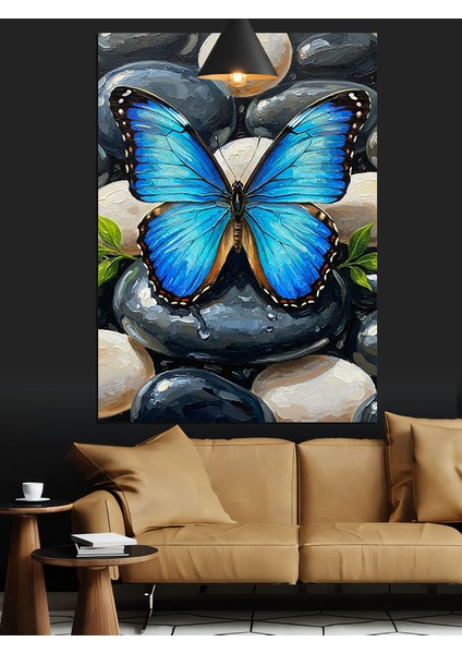 Mavi Kelebek ve Çakıltaşları Soyut Sanat Dekoratif Kanvas - Mdf Ahşap Tablo indirimleri