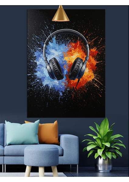 Kulaklık Siyah Fon Mavi ve Turuncu Patlayan Renkler Dekoratif Kanvas - Mdf Ahşap Tablo
