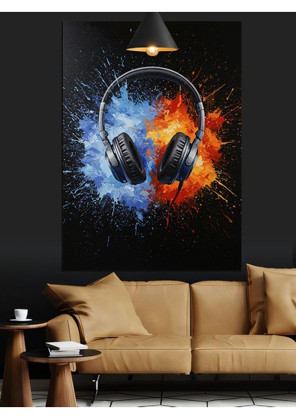Kulaklık Siyah Fon Mavi ve Turuncu Patlayan Renkler Dekoratif Kanvas - Mdf Ahşap Tablo fiyatları