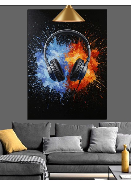 Kulaklık Siyah Fon Mavi ve Turuncu Patlayan Renkler Dekoratif Kanvas - Mdf Ahşap Tablo modelleri