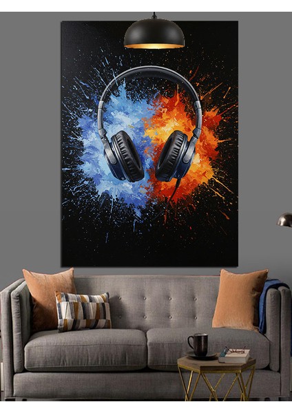 Kulaklık Siyah Fon Mavi ve Turuncu Patlayan Renkler Dekoratif Kanvas - Mdf Ahşap Tablo indirimleri