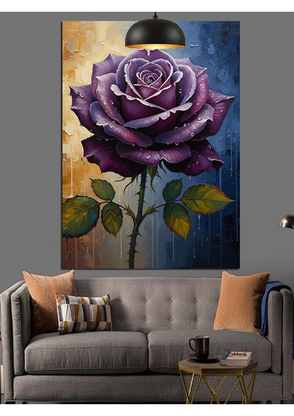 Mor Gül Çiçek Siyah Dekoratif Kanvas - Mdf Ahşap Tablo