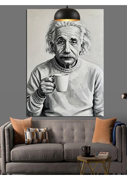 Albert Einstein Kahve Içerken Portre Dekoratif Kanvas - Mdf Ahşap Tablo