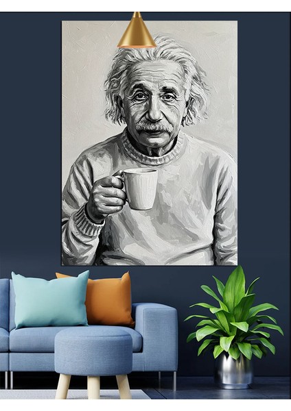 Albert Einstein Kahve Içerken Portre Dekoratif Kanvas - Mdf Ahşap Tablo fiyatları