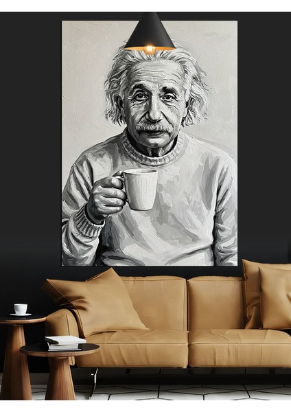 Albert Einstein Kahve Içerken Portre Dekoratif Kanvas - Mdf Ahşap Tablo modelleri
