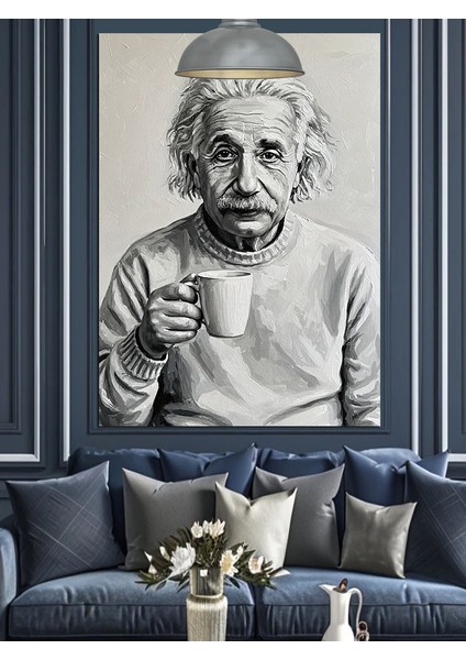 Albert Einstein Kahve Içerken Portre Dekoratif Kanvas - Mdf Ahşap Tablo indirimleri