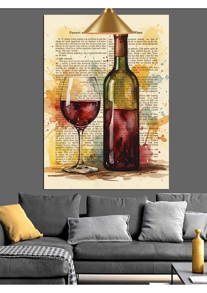 Boyanmış Kitap Sayfası Fonlu Kırmızı Şarap Şişesi ve Kadeh Dekoratif Kanvas - Mdf Ahşap Tablo
