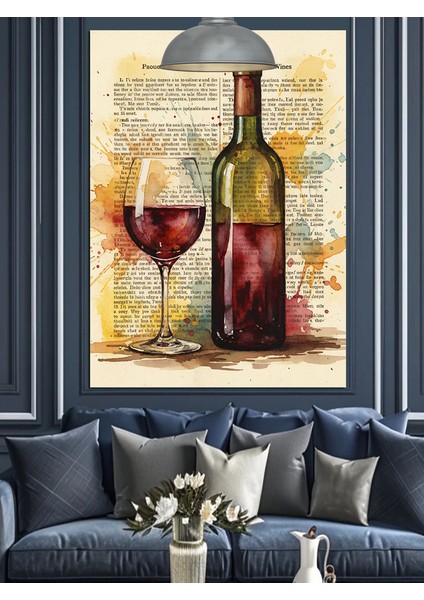 Boyanmış Kitap Sayfası Fonlu Kırmızı Şarap Şişesi ve Kadeh Dekoratif Kanvas - Mdf Ahşap Tablo fiyatları
