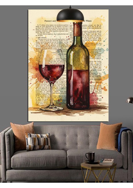 Boyanmış Kitap Sayfası Fonlu Kırmızı Şarap Şişesi ve Kadeh Dekoratif Kanvas - Mdf Ahşap Tablo modelleri