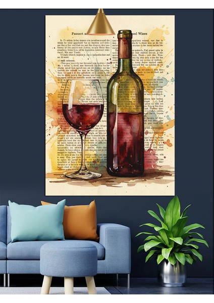 Boyanmış Kitap Sayfası Fonlu Kırmızı Şarap Şişesi ve Kadeh Dekoratif Kanvas - Mdf Ahşap Tablo fırsatları