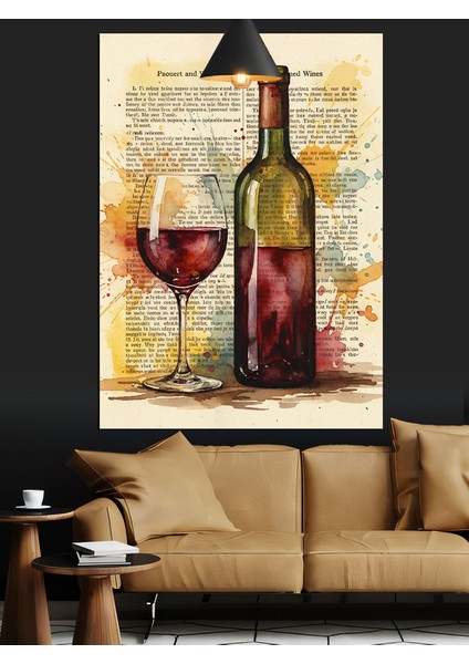 Boyanmış Kitap Sayfası Fonlu Kırmızı Şarap Şişesi ve Kadeh Dekoratif Kanvas - Mdf Ahşap Tablo indirimleri