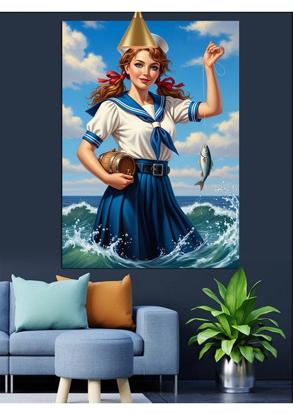Denizde Balık Avlayan Retro Denizci Kız Dekoratif Kanvas - Mdf Ahşap Tablo