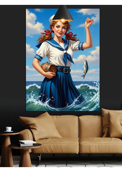 Denizde Balık Avlayan Retro Denizci Kız Dekoratif Kanvas - Mdf Ahşap Tablo fiyatları