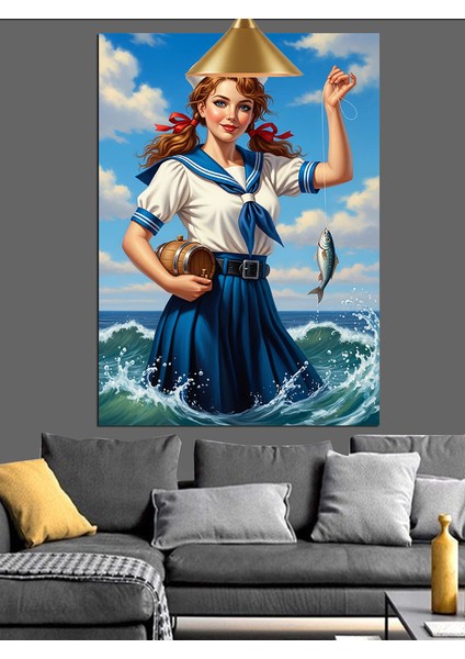 Denizde Balık Avlayan Retro Denizci Kız Dekoratif Kanvas - Mdf Ahşap Tablo modelleri