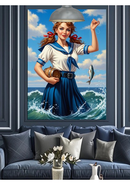 Denizde Balık Avlayan Retro Denizci Kız Dekoratif Kanvas - Mdf Ahşap Tablo fırsatları