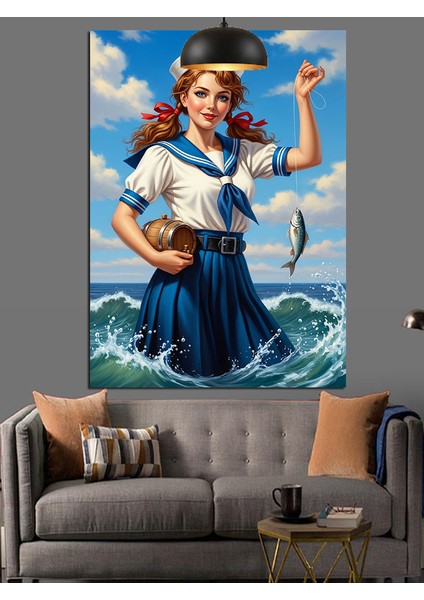 Denizde Balık Avlayan Retro Denizci Kız Dekoratif Kanvas - Mdf Ahşap Tablo indirimleri