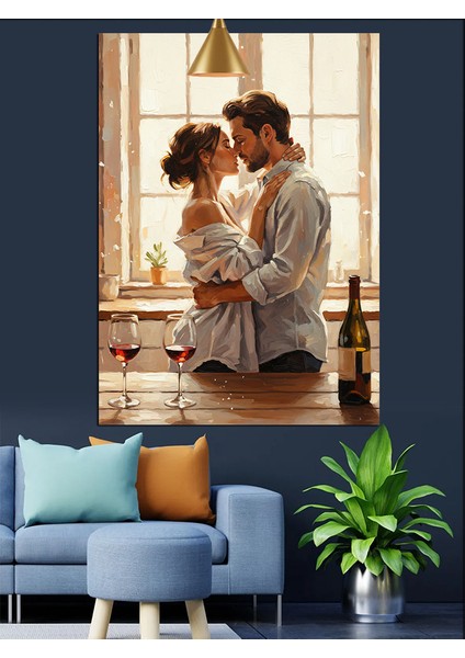 Çift Romantik Sarılma Sahnesi ve Şarap Dekoratif Kanvas - Mdf Ahşap Tablo