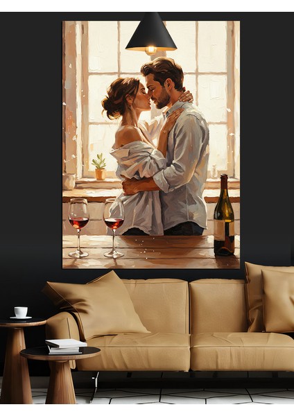 Çift Romantik Sarılma Sahnesi ve Şarap Dekoratif Kanvas - Mdf Ahşap Tablo fiyatları