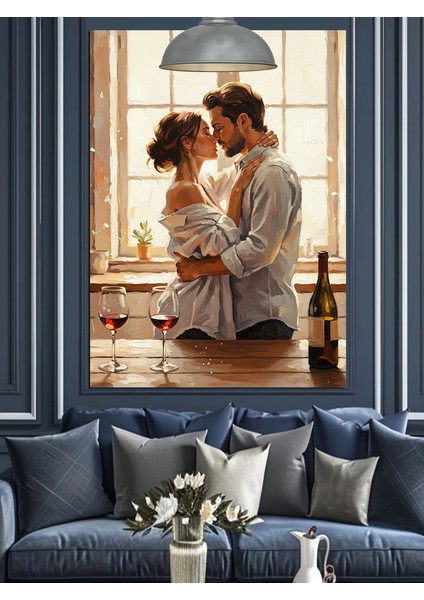 Çift Romantik Sarılma Sahnesi ve Şarap Dekoratif Kanvas - Mdf Ahşap Tablo fırsatları