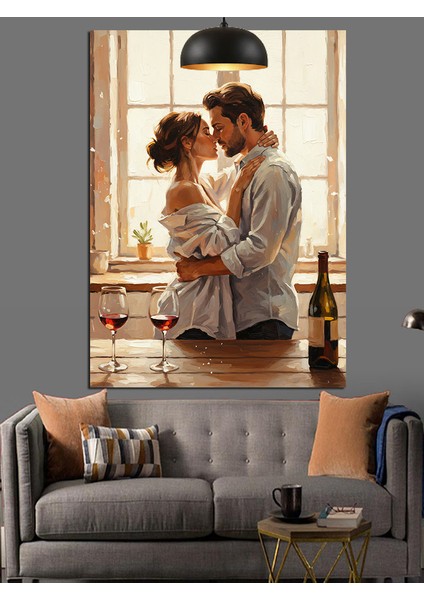 Çift Romantik Sarılma Sahnesi ve Şarap Dekoratif Kanvas - Mdf Ahşap Tablo indirimleri