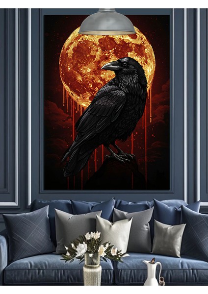 Kırmızı Ay ve Kara Karga Dekoratif Kanvas - Mdf Ahşap Tablo