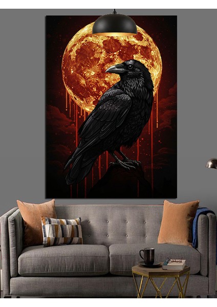 Kırmızı Ay ve Kara Karga Dekoratif Kanvas - Mdf Ahşap Tablo fiyatları