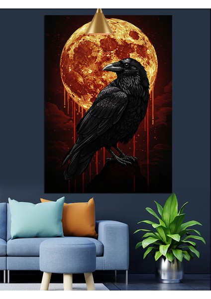 Kırmızı Ay ve Kara Karga Dekoratif Kanvas - Mdf Ahşap Tablo modelleri