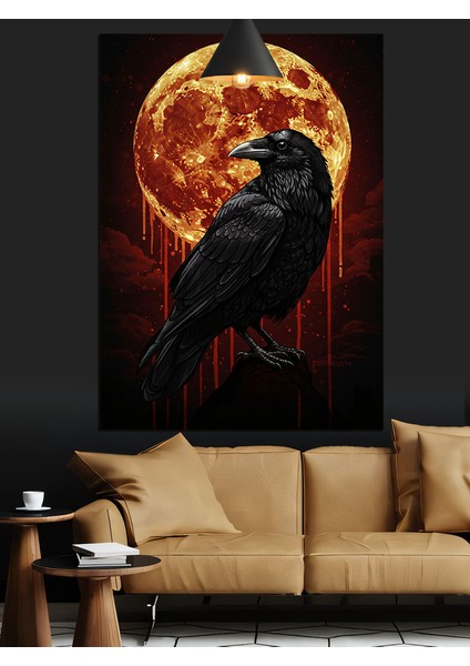 Kırmızı Ay ve Kara Karga Dekoratif Kanvas - Mdf Ahşap Tablo fırsatları