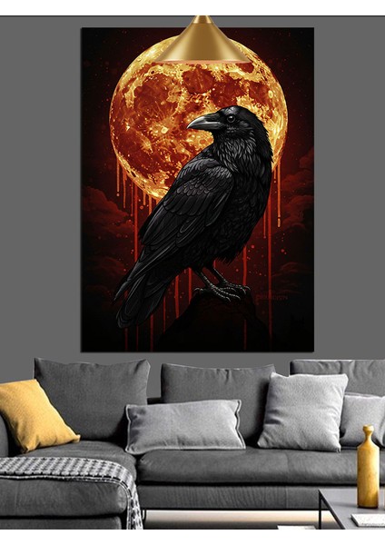 Kırmızı Ay ve Kara Karga Dekoratif Kanvas - Mdf Ahşap Tablo indirimleri