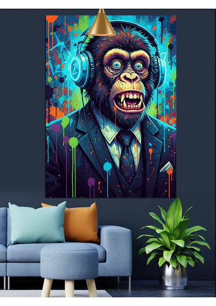 Korkunç Maymun Vampir Mavi Takım Dekoratif Kanvas - Mdf Ahşap Tablo