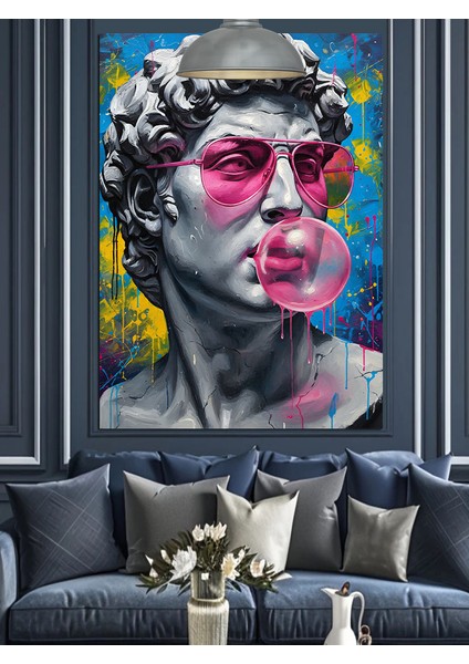 Mermer Heykel Modern Sanat Pembe Gözlük ve Sakız Balonu Dekoratif Kanvas - Mdf Ahşap Tablo