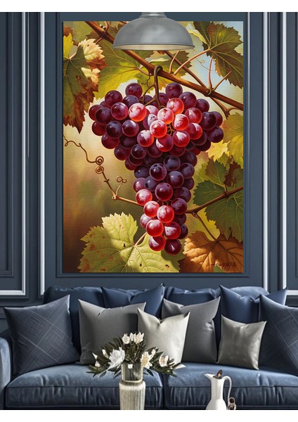 Dalındaki Kızıl Kırmızı Üzüm Salkımları Dekoratif Kanvas - Mdf Ahşap Tablo