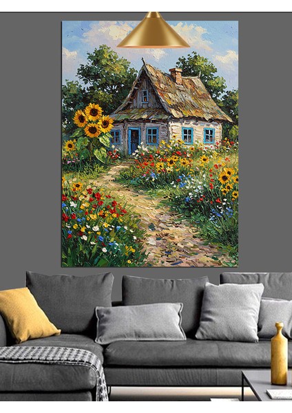 Köy Evi Çiçek Tarlası Dekoratif Kanvas - Mdf Ahşap Tablo