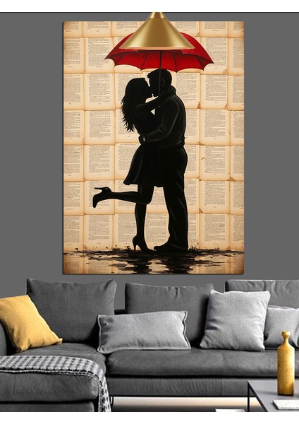 Şemsiye Altında Aşık Çift Dekoratif Kanvas - Mdf Ahşap Tablo