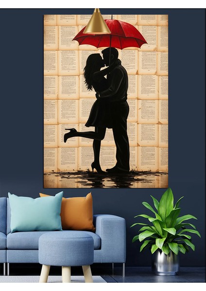 Şemsiye Altında Aşık Çift Dekoratif Kanvas - Mdf Ahşap Tablo fırsatları